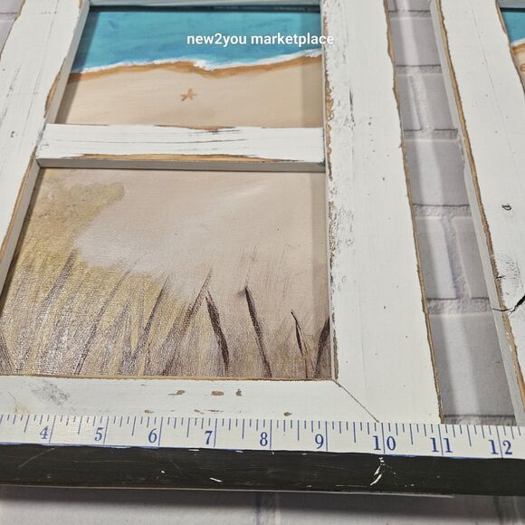 hand painted /made distressed wood frame beach scene canvas duo painting artwork - Picture 10 of 13
